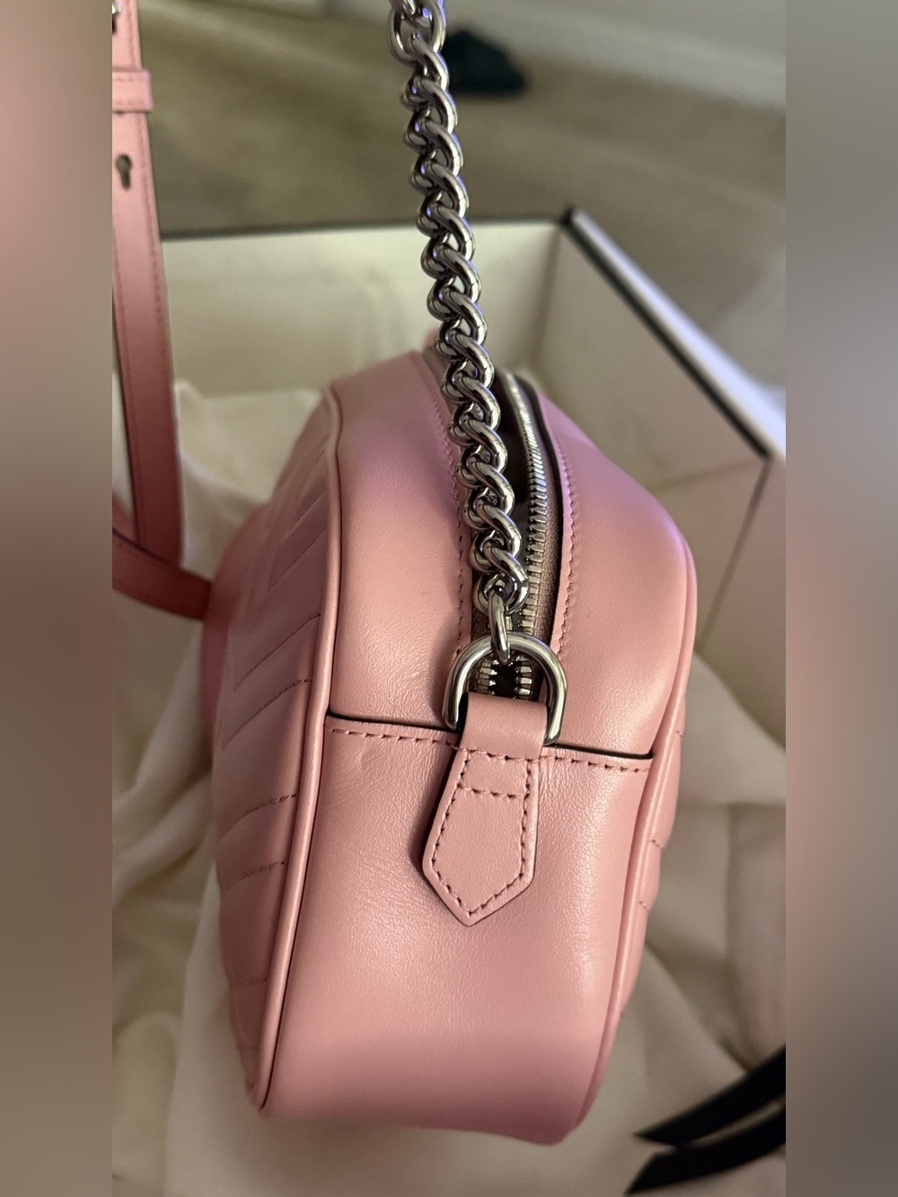 BRAND NEW worn once - Gucci Pink GG Marmont Chevron Leather Camera Bag - Picture 10 of 14